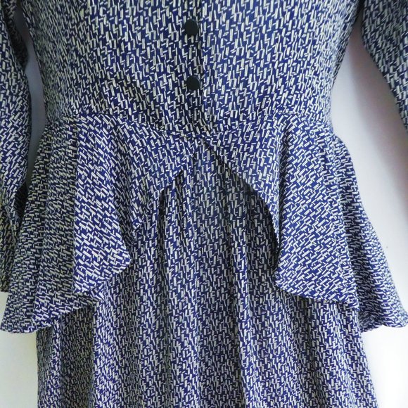 Vintage Secretary Pinup Dress Midi Navy White Geo Peplum Back Zipper USA SP - Picture 3 of 8